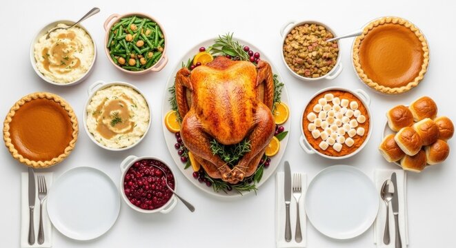 A beautifully arranged Thanksgiving dinner table with a roasted turkey, various side dishes, and a variety of Thanksgiving decorations.