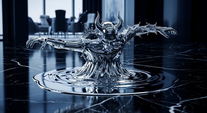 Abstract liquid chrome demon emerging from dark water splash  