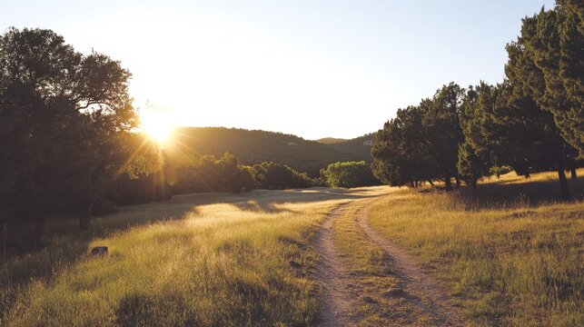 Scenic mountain biking trail winds through sun-drenched grassy fields and rolling hills during golden hour