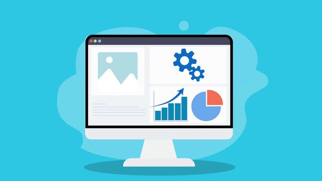 Animated flat vector illustration of an AI analytics dashboard on a desktop monitor with image interface icon, data charts, and modern UI elements representing automation and digital analytics technol
