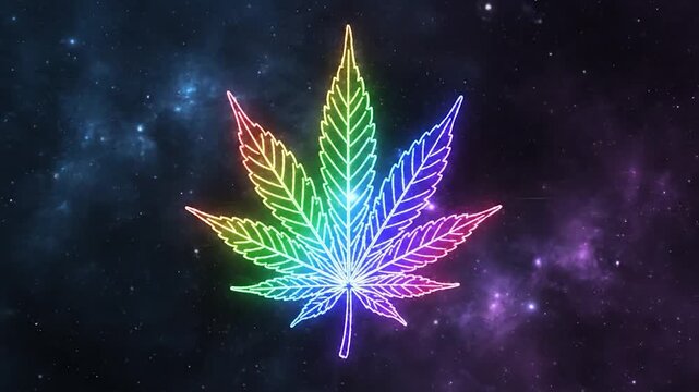 Vibrant neon outline of a plant leaf glowing in rainbow colors against a cosmic galaxy background with stars and nebulae