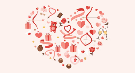 A heart-shaped arrangement of Valentine's Day themed illustrations