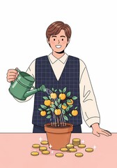 青年が植物に水を優しく注ぐ