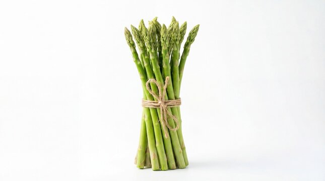 Fresh asparagus spears tied with twine on white background.