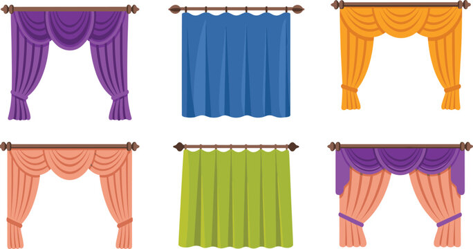 Set of colorful curtain vector illustrations featuring various window drapery styles including valances swags and elegant drapes for home interior design and room decoration
