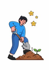 若者が熱心に植える苗