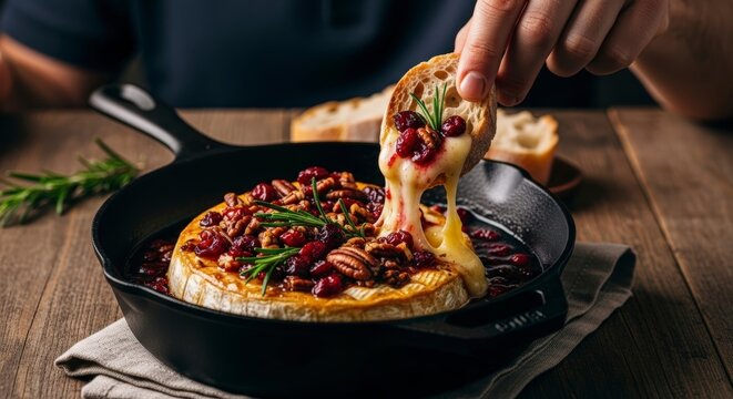 Baked Cheese Dip with Breadsticks and Herbs.