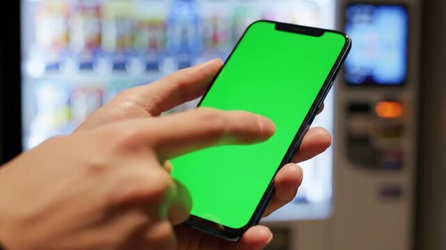 A person's hand holding a smartphone with a green screen, touching it with a finger, against a blurred background.
