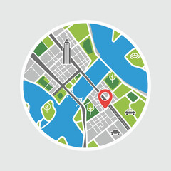 A map inside a circle, showing a city, water, parks, and cars