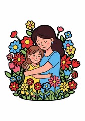 母娘が花に囲まれ微笑む