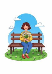 女性が花束と座る