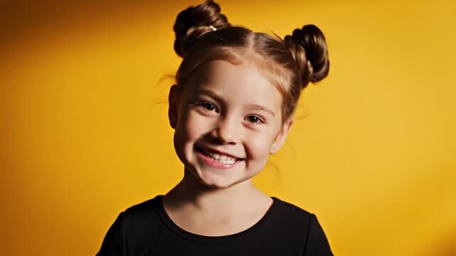 Young girl with buns smiling happily in front of a yellow background looking at the camera joyfully expressing childhood innocence and cheerfulness