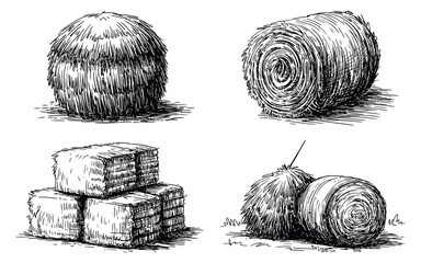 Hay bale farm drawing sketch vector set, hand drawn haystack collection with rustic countryside straw bundles in detailed line art style, isolated agricultural illustration for rural, harvest, and far © Gary D. Marlow