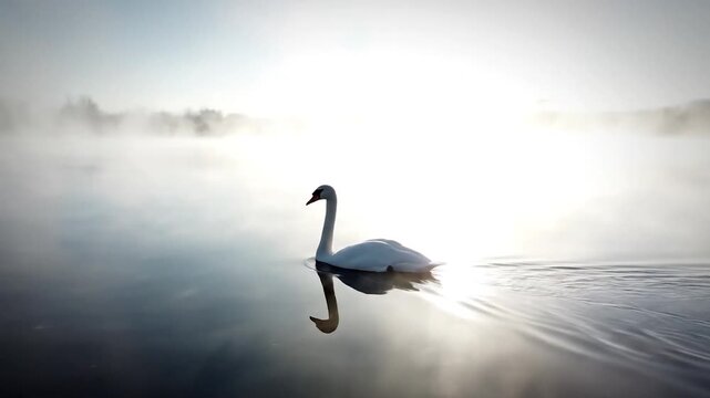 White swan gliding on misty water at sunrise tranquil morning scene serene wildlife