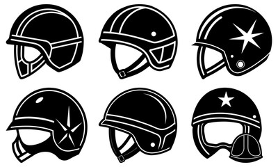 Collection of six different helmet designs illustrated in black and white
