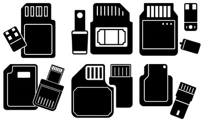 Collection of various memory cards and storage devices displayed in a graphic illustration