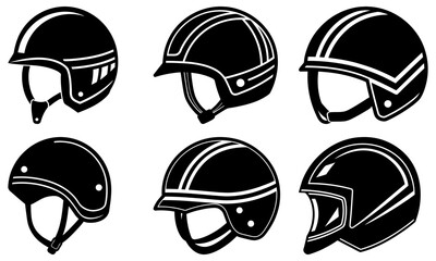 Collection of black and white illustrations of various motorcycle helmets from different viewpoints showcasing safety gear