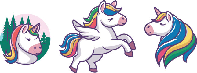 Set of cute cartoon magical unicorn characters featuring colorful rainbow manes and wings isolated on white background for kids nursery decor and greeting cards © SHAPLAKHATUN