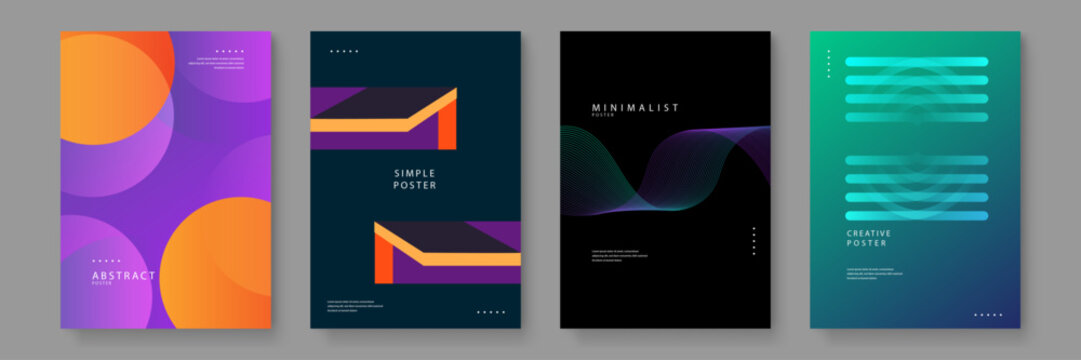 Set of four professional business posters featuring abstract geometric shapes and fluid dynamic lines in purple orange and teal colors