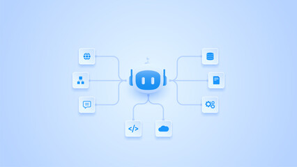 Fototapeta premium AI workflow automation artificial intelligence. ai agent network diagram connecting ai model, processing flow, cloud and automation system.