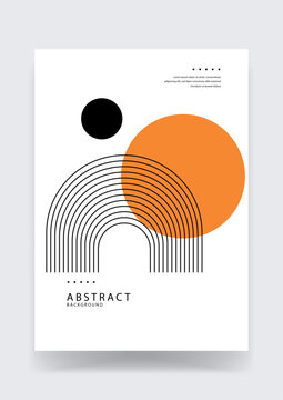 Minimalist art poster featuring a large orange sun a black solid circle and multiple thin black arching lines on a white background