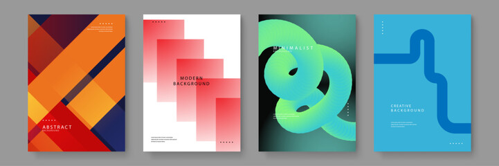 Fototapeta premium Collection of four abstract vector posters featuring vibrant geometric patterns and fluid organic lines for modern branding