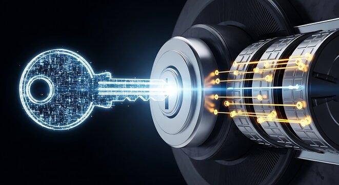 A futuristic digital key unlocking a safe with glowing blue circuits and metallic components, viewed from a close-up perspective
