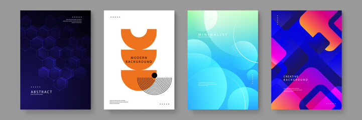 Fototapeta premium A collection of four professional abstract background covers featuring dark hexagons minimalist orange geometry blue gradients and vibrant fluid shapes