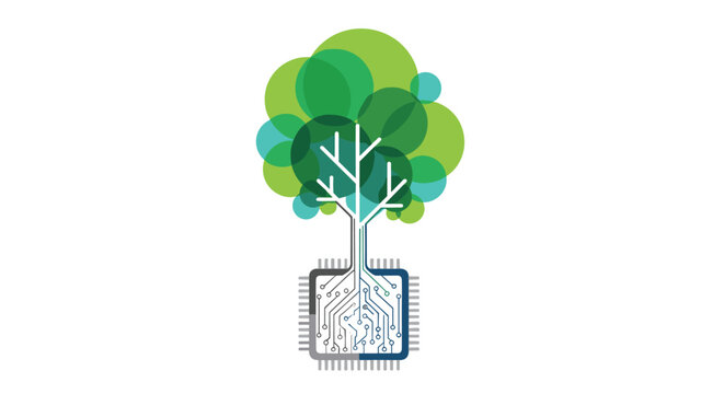 A stylized illustration displays a tree with green circular leaves and a circuit board base merging natural and technological elements on a white background, Generative AI.