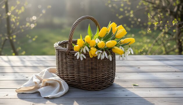 Rustic wicker basket with vibrant yellow tulips and white spring flowers for an early spring picnic concept, bathed in warm morning light.