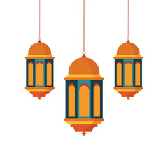 Obraz premium Three hanging traditional Islamic lanterns illustration for Ramadan Kareem and Eid Mubarak celebration design