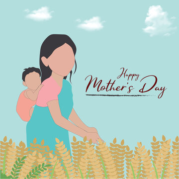 An Indian mother working in the field while carrying her baby on her back. This artwork celebrates motherhood, love, and strength, making it perfect for Mother&rsquo;s Day greetings