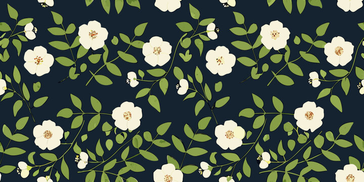 Floral pattern with delicate white camellia blossoms on a dark background