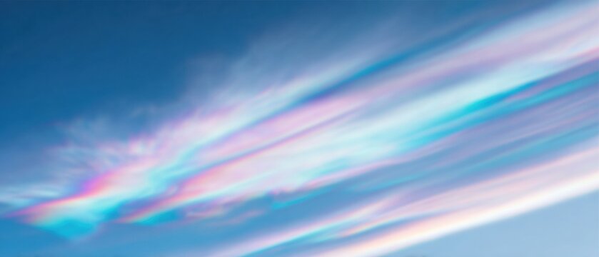 Abstract colorful nacreous clouds drifting across a bright blue sky for artistic nature background, iridescent cloudscape texture with holographic light effect