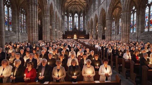 Large group of people holding lit candles in grand architectural interior during spiritual gathering