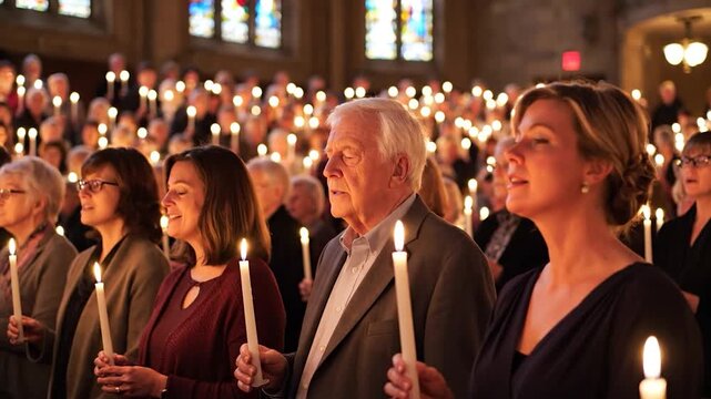 People singing in a large group holding lit candles during a special indoor ceremony