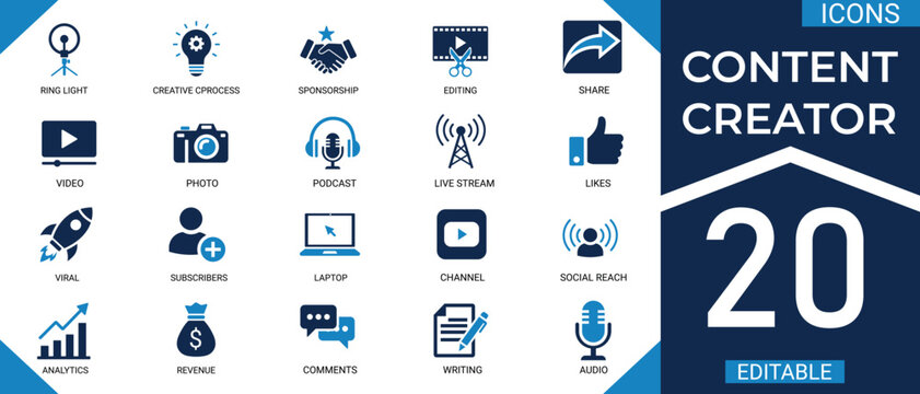 content creator icon set featuring video, photo, audio, podcast, live, stream, editing, laptop, camera, analytics, and sponsorship. professional editable soild vector icons collection
