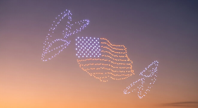 Fourth of July Drone Show: American Flag, Independence Day Celebration, Aerial Light Display, Patriotic Event, USA, Night Sky