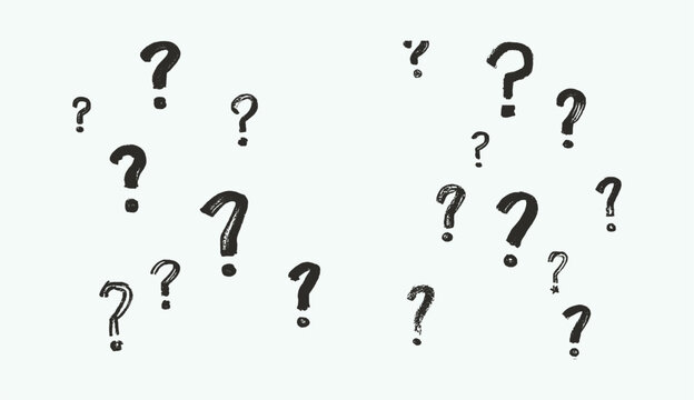 A collection of hand drawn question marks scattered across a white background