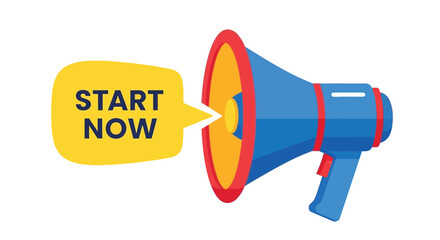 Naklejka premium A brightly colored megaphone with the text start now displayed prominently