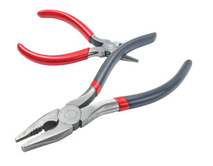 Two sets of metal pliers with red and black handles
