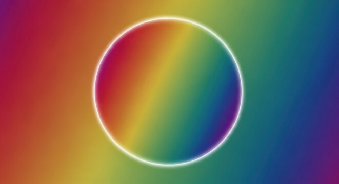 A rainbow-colored circle with a white outline on a gradient background