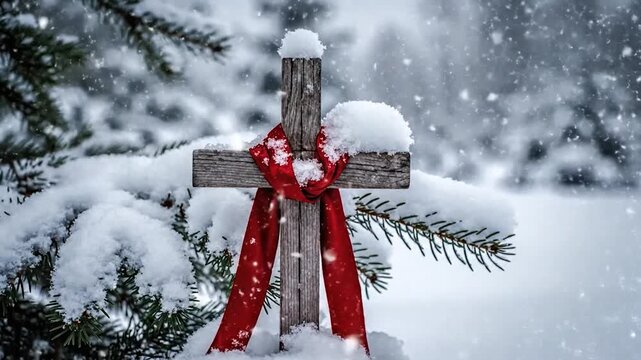 Snowy wooden cross with red ribbon during winter snowfall