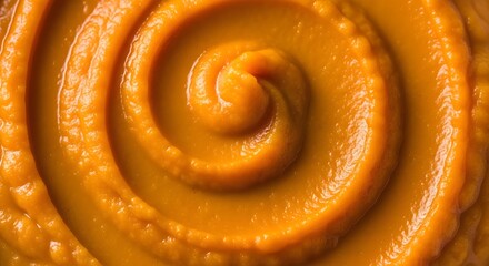 Fototapeta premium Juicy Pumpkin Puree With Smooth Vibrant Orange Texture And Decorative Spiced Swirl Pattern On Top, Autumn Fall Dessert Base Macro Close-Up Photography