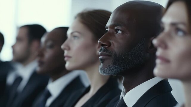 Professional group of five people with diverse ethnic backgrounds, wearing business attire looking in the same direction and appearing focused or contemplating.