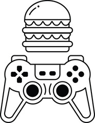 A black and white drawing of a video game controller with a hamburger © toonsteb