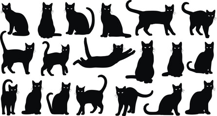 Cat silhouettes collection with sitting, standing, walking, jumping poses, black feline shapes, domestic pet vector artwork, animal design inspiration © Mst