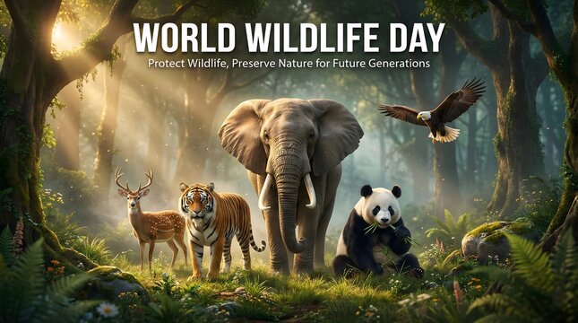 World wildlife day animals in forest with elephant panda tiger deer and eagle
