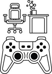 A black and white drawing of a video game controller with a chair © toonsteb