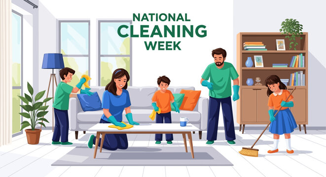A family of six people cleaning and organizing their living room together during National Cleaning Week in America.